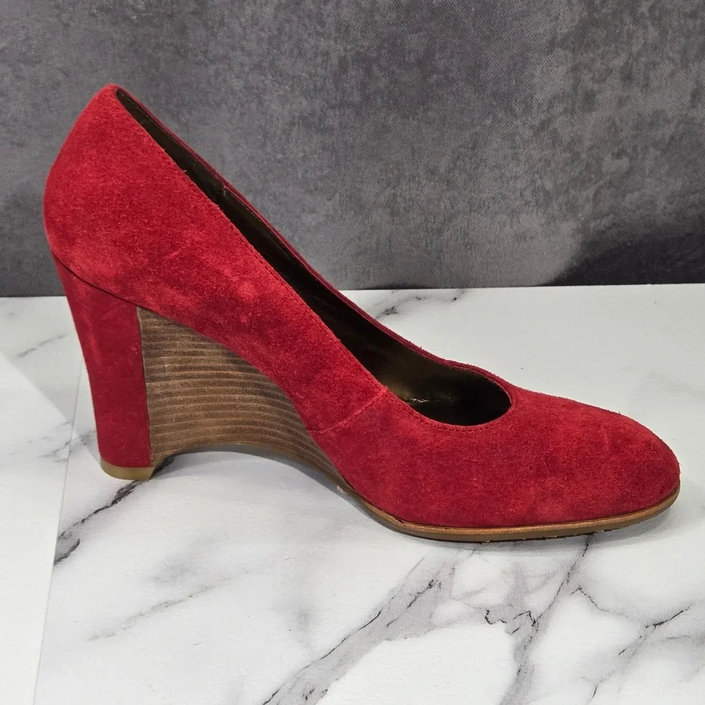 Donald J Pliner Heather Pumps Womens 7.5 Tomato Red Suede Covered Wedge Heels